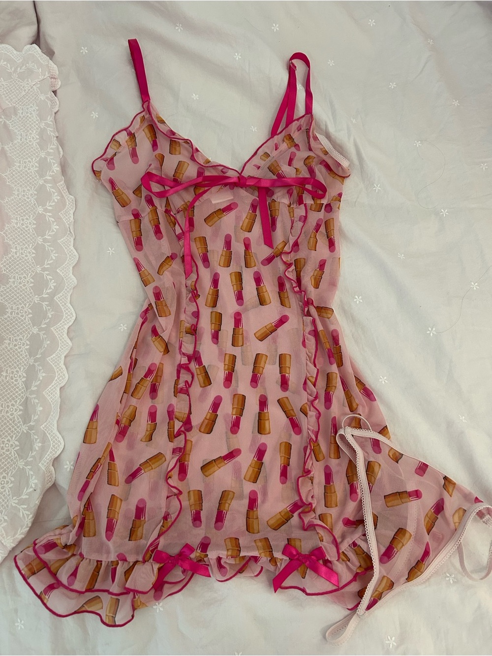 Y2K Hot Pink Lipstick Print Mesh Chemise